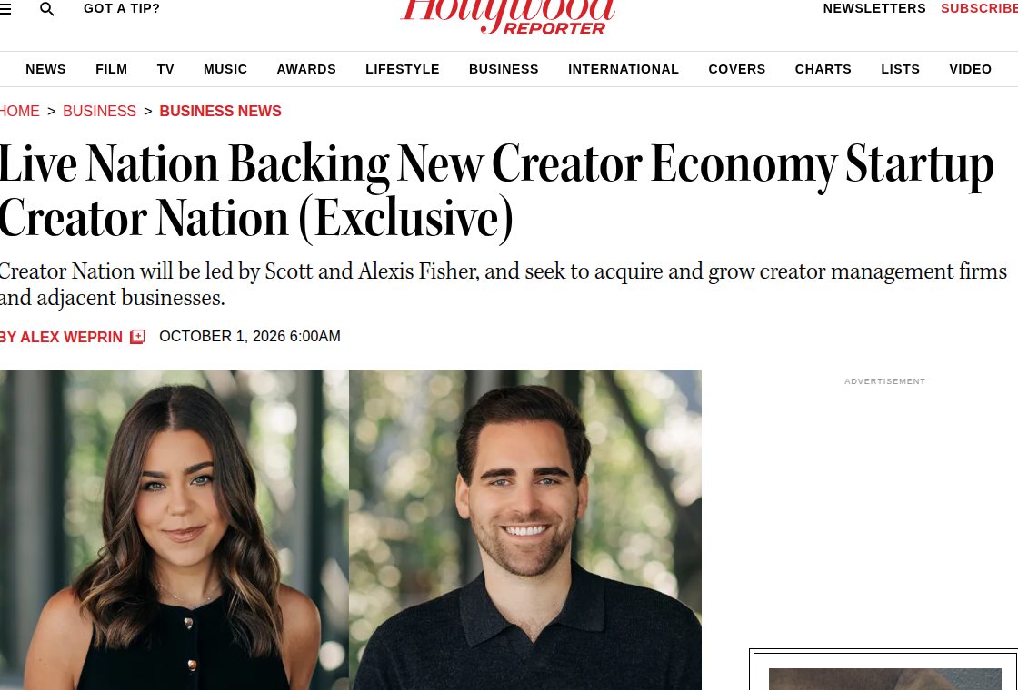 The Hollywood Reporter article on Live Nation backing Creator Nation