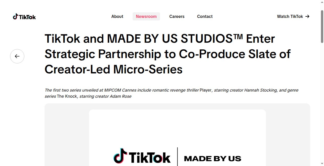 MADE BY US STUDIOS와 크리에이터 주도 마이크로 시리즈 협업을 알리는 TikTok Newsroom