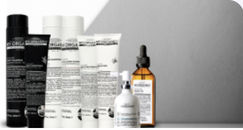 Organic hair-care bottles lined up for a trial