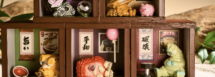 Blind-box figurines in a wooden display